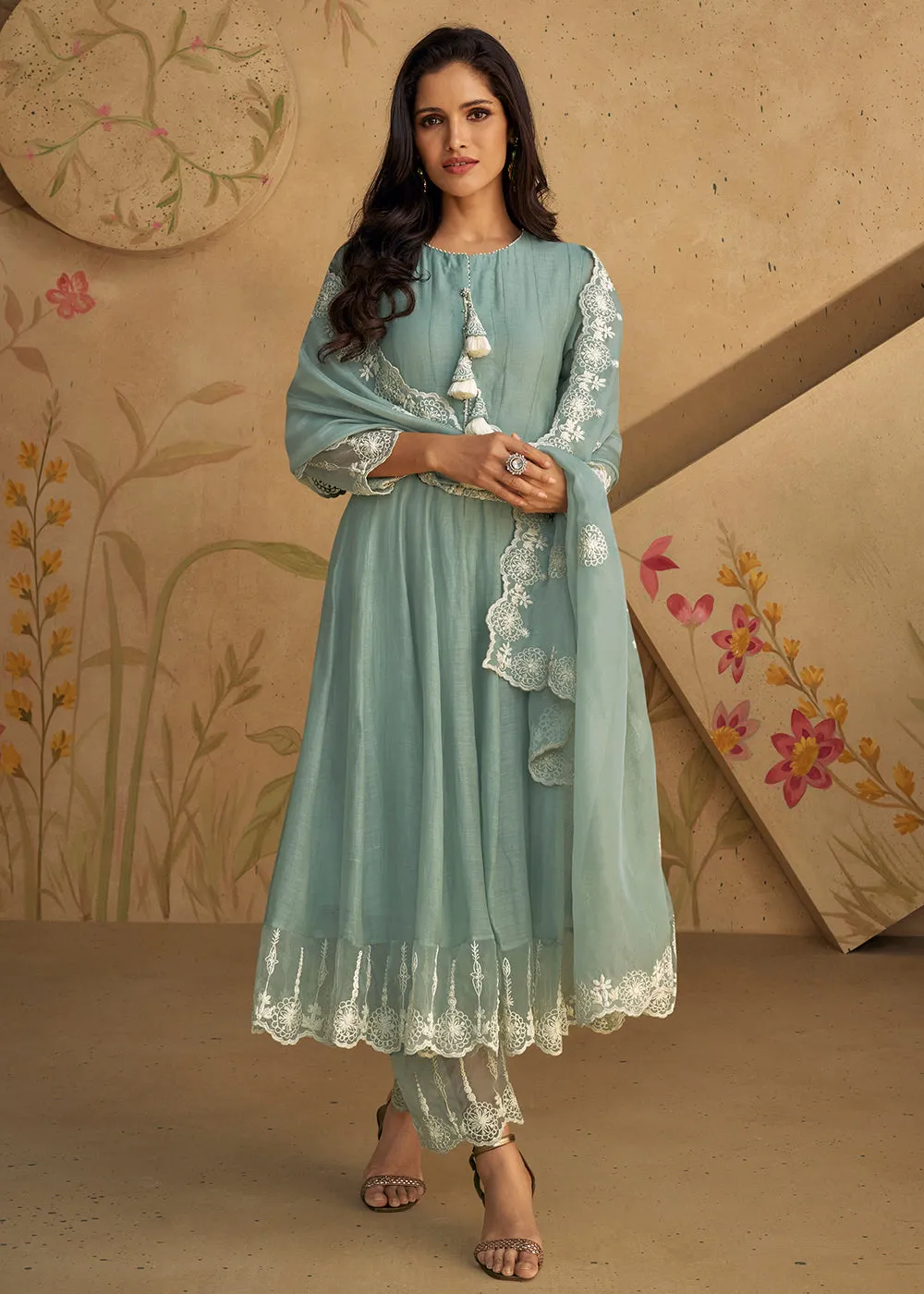 Real Silk Blue Anarkali Style Pant Salwar Suit