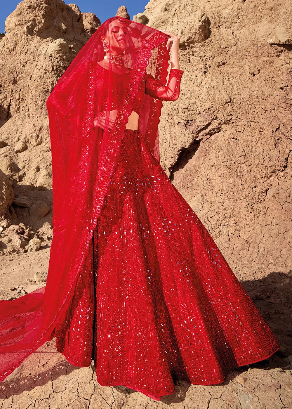 Red Embroidered Pure Net Designer Bridal Lehenga Choli