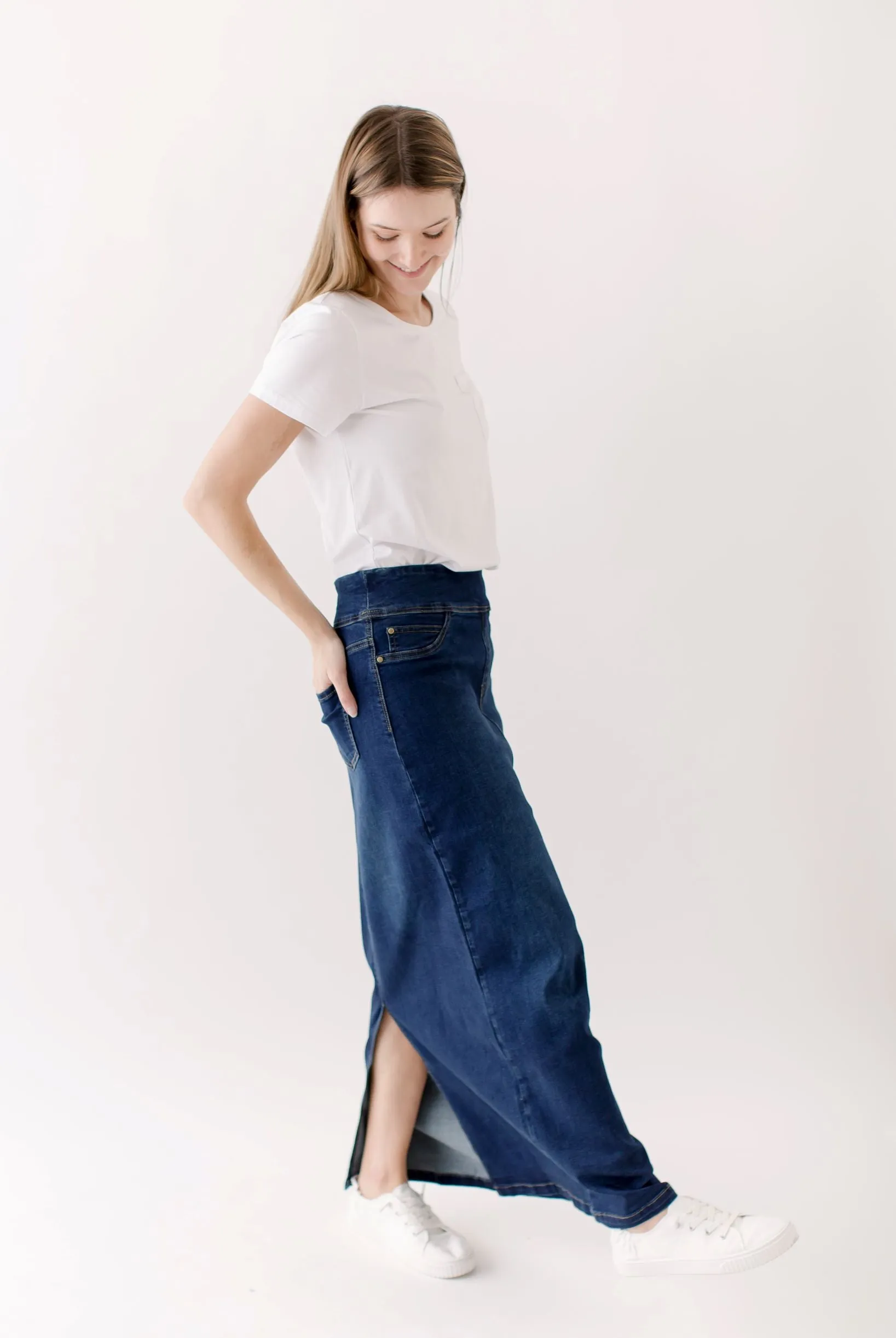 'Sara' Classic Long Denim Skirt Dark Wash