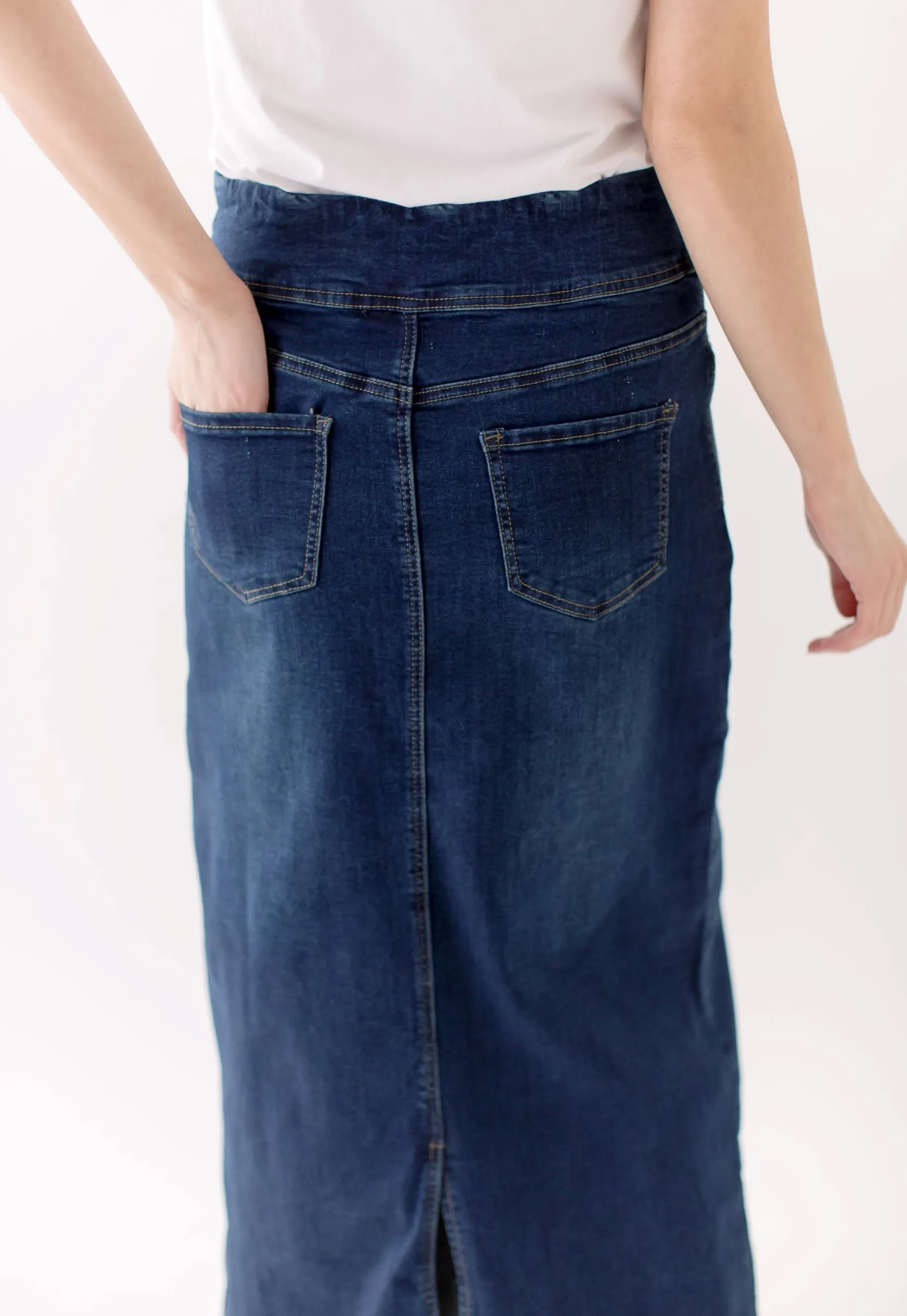 'Sara' Classic Long Denim Skirt Dark Wash