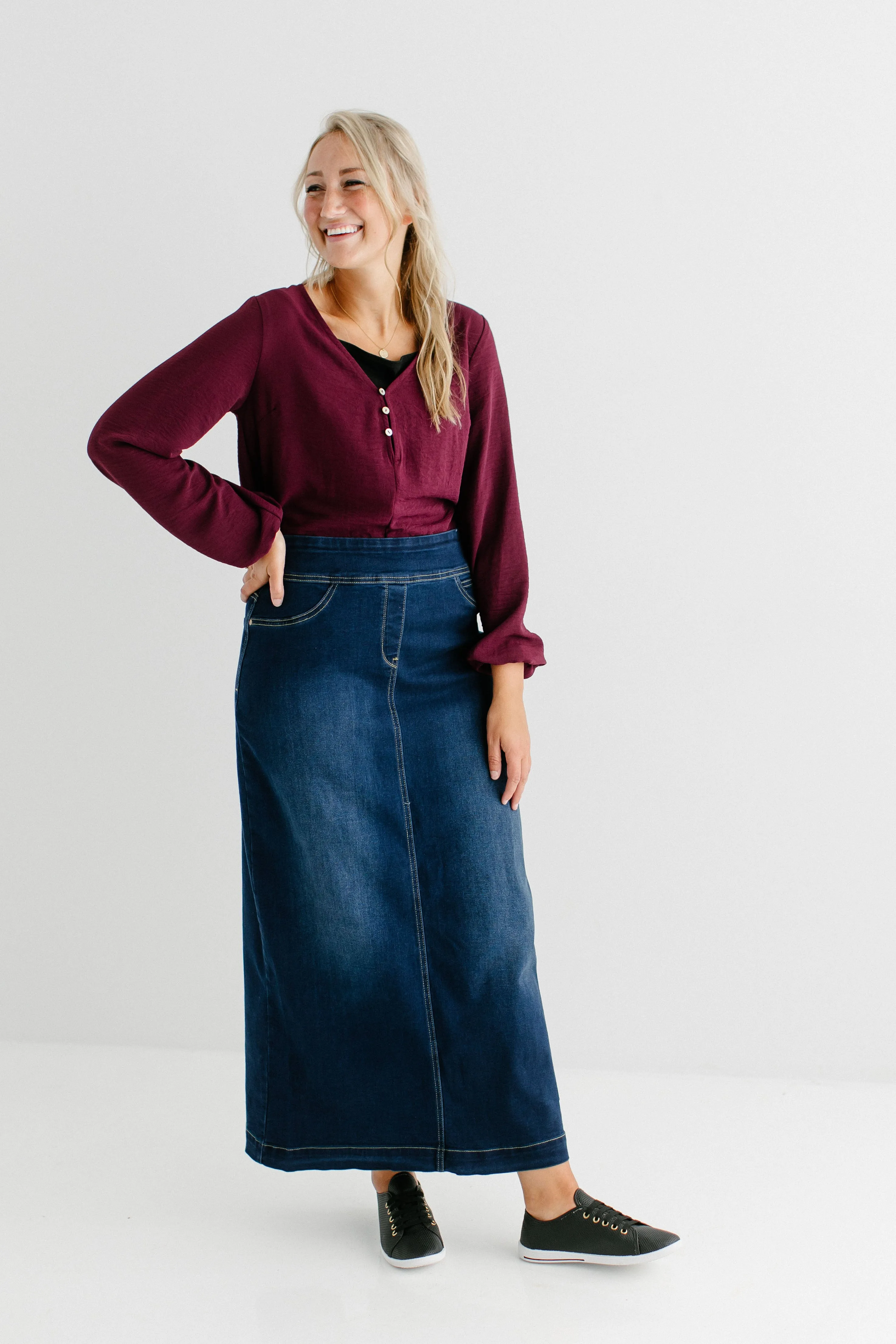 'Sara' Classic Long Denim Skirt Dark Wash