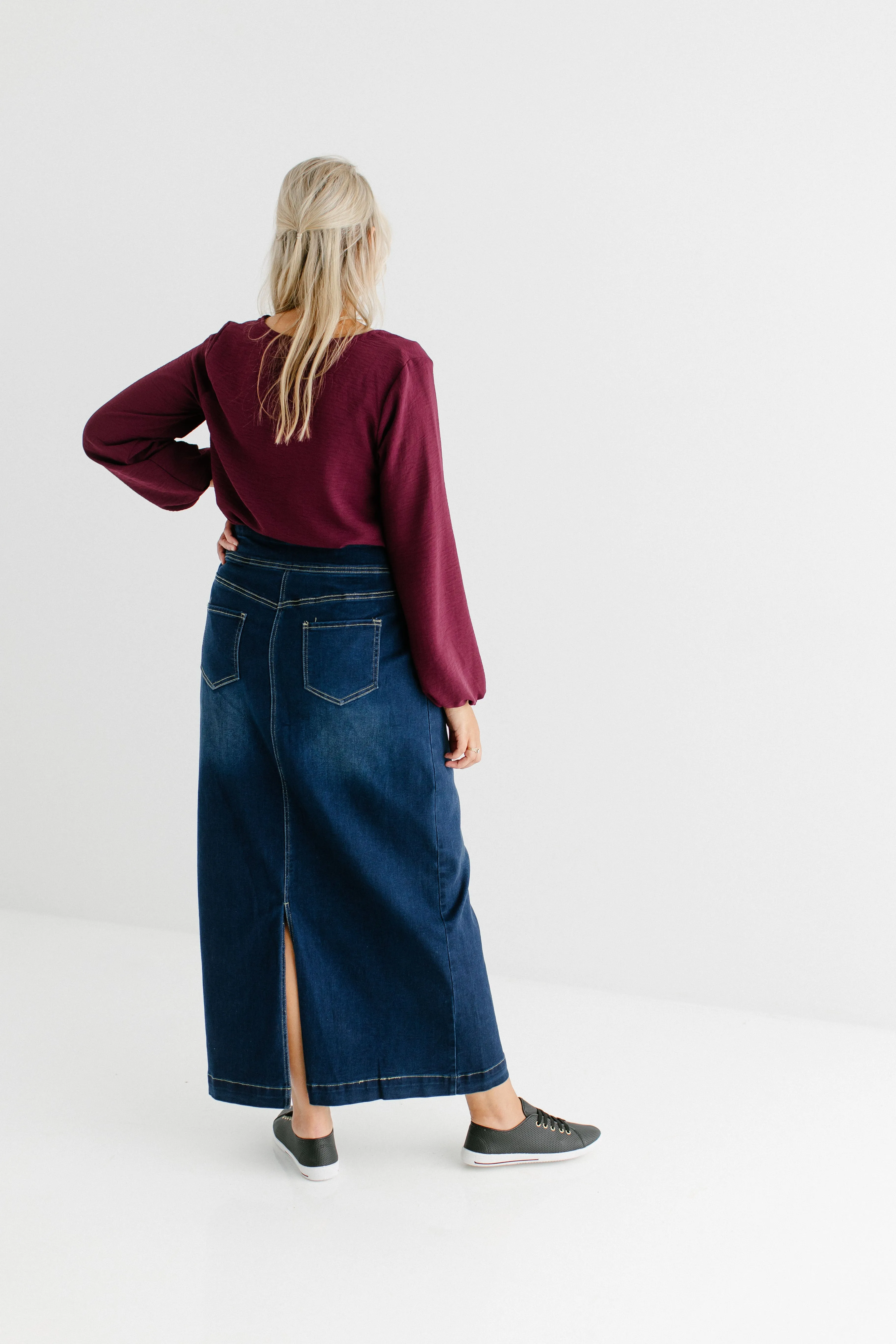 'Sara' Classic Long Denim Skirt Dark Wash