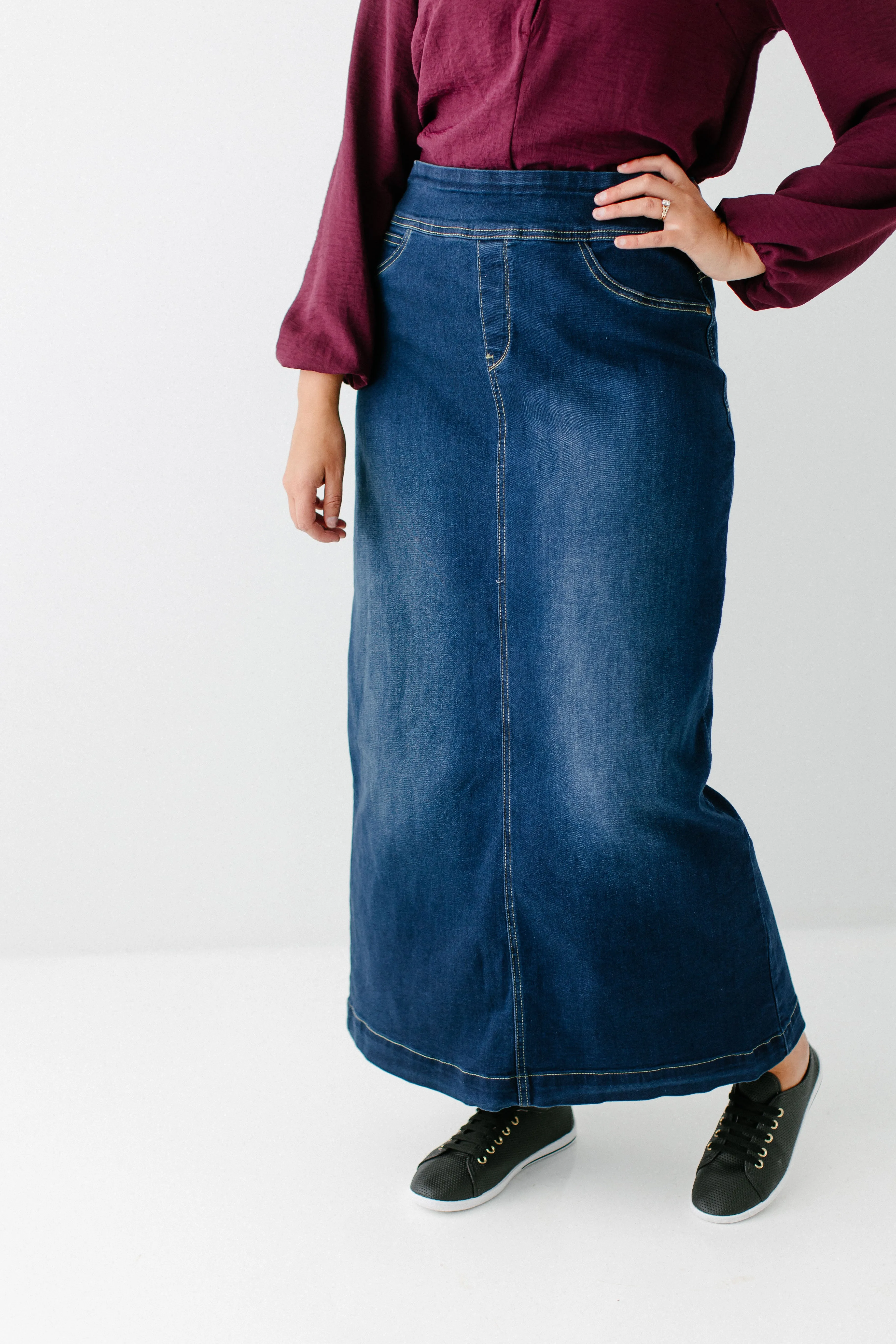 'Sara' Classic Long Denim Skirt Dark Wash