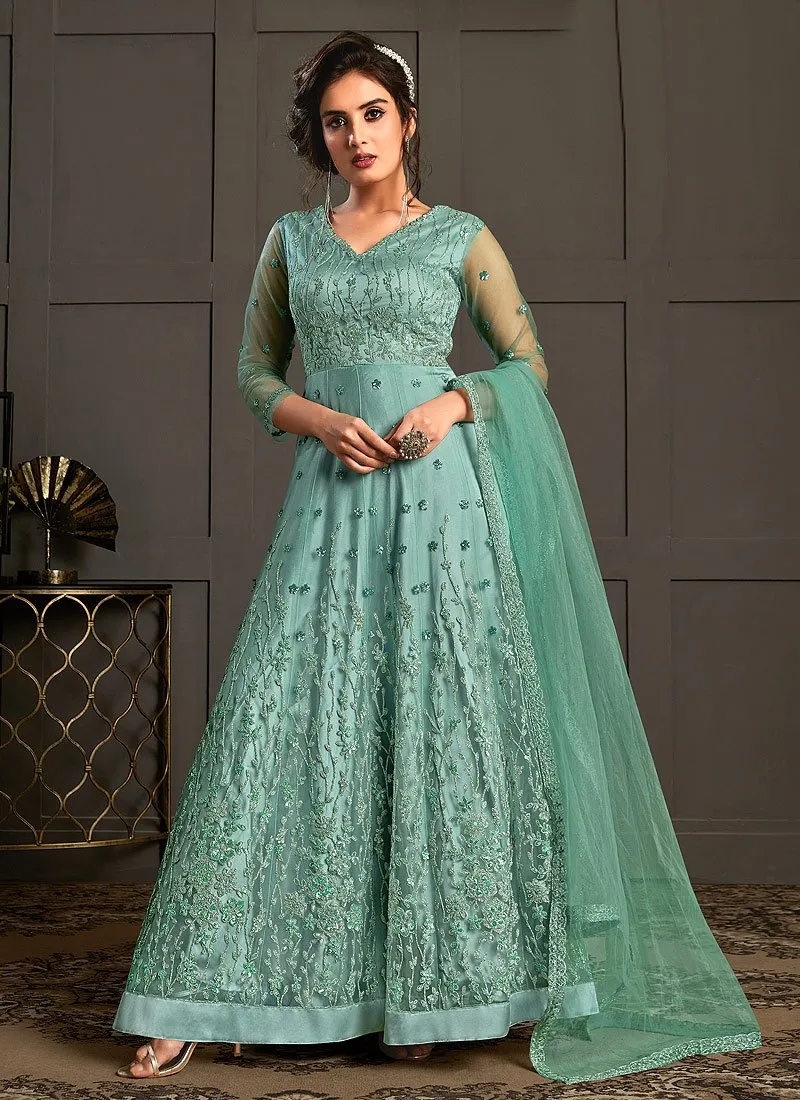 Sea Blue Embroidered Net Designer Anarkali Gown