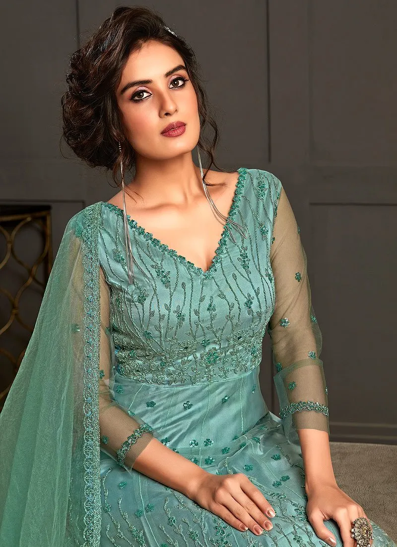 Sea Blue Embroidered Net Designer Anarkali Gown