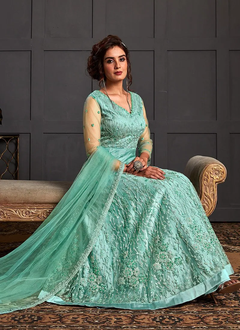 Sea Blue Embroidered Net Designer Anarkali Gown