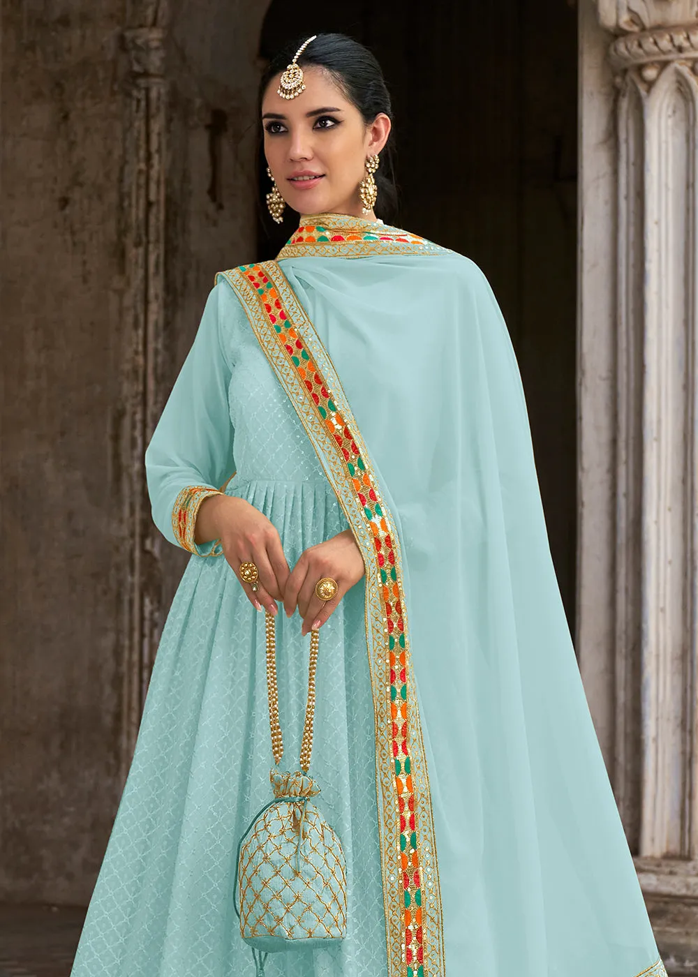 Sequins Embroidered Aqua Blue Georgette Traditional Anarkali