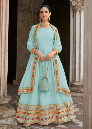 Sequins Embroidered Aqua Blue Georgette Traditional Anarkali