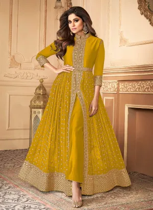 Shamita Shetty Yellow Front Slit Georgette Anarkali Suit