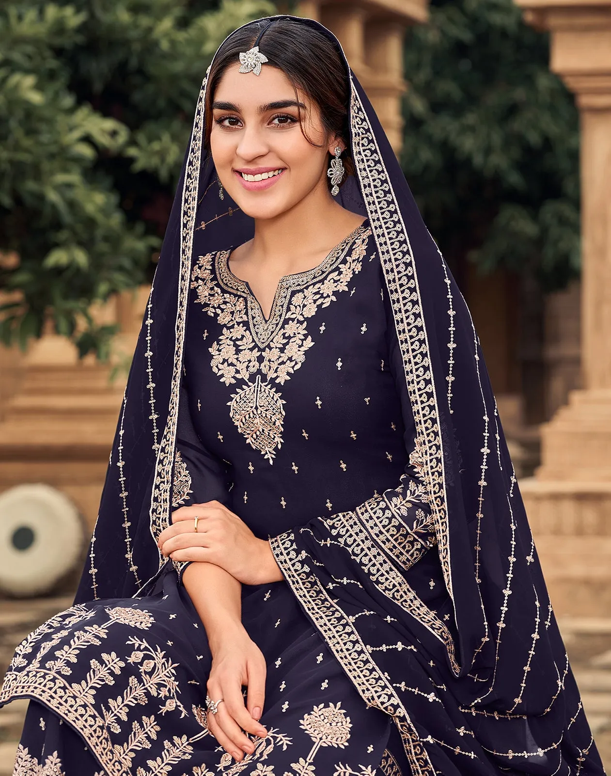 Sharara Set in Navy Blue Beautifully Embroidered Suit