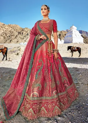 Traditional Deep Pink Banarasi Silk Embroidered Bridal Lehenga Choli