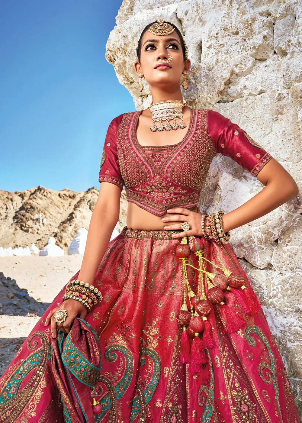 Traditional Deep Pink Banarasi Silk Embroidered Bridal Lehenga Choli