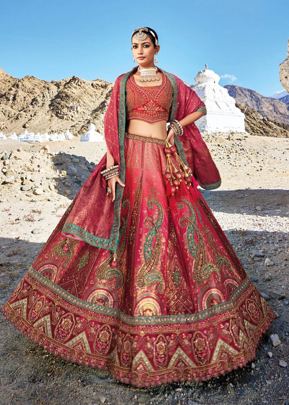 Traditional Deep Pink Banarasi Silk Embroidered Bridal Lehenga Choli