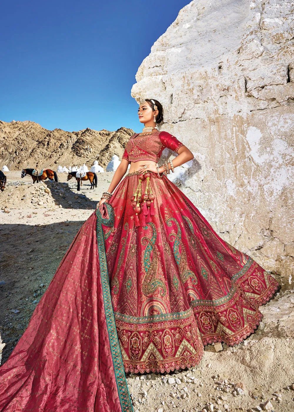 Traditional Deep Pink Banarasi Silk Embroidered Bridal Lehenga Choli