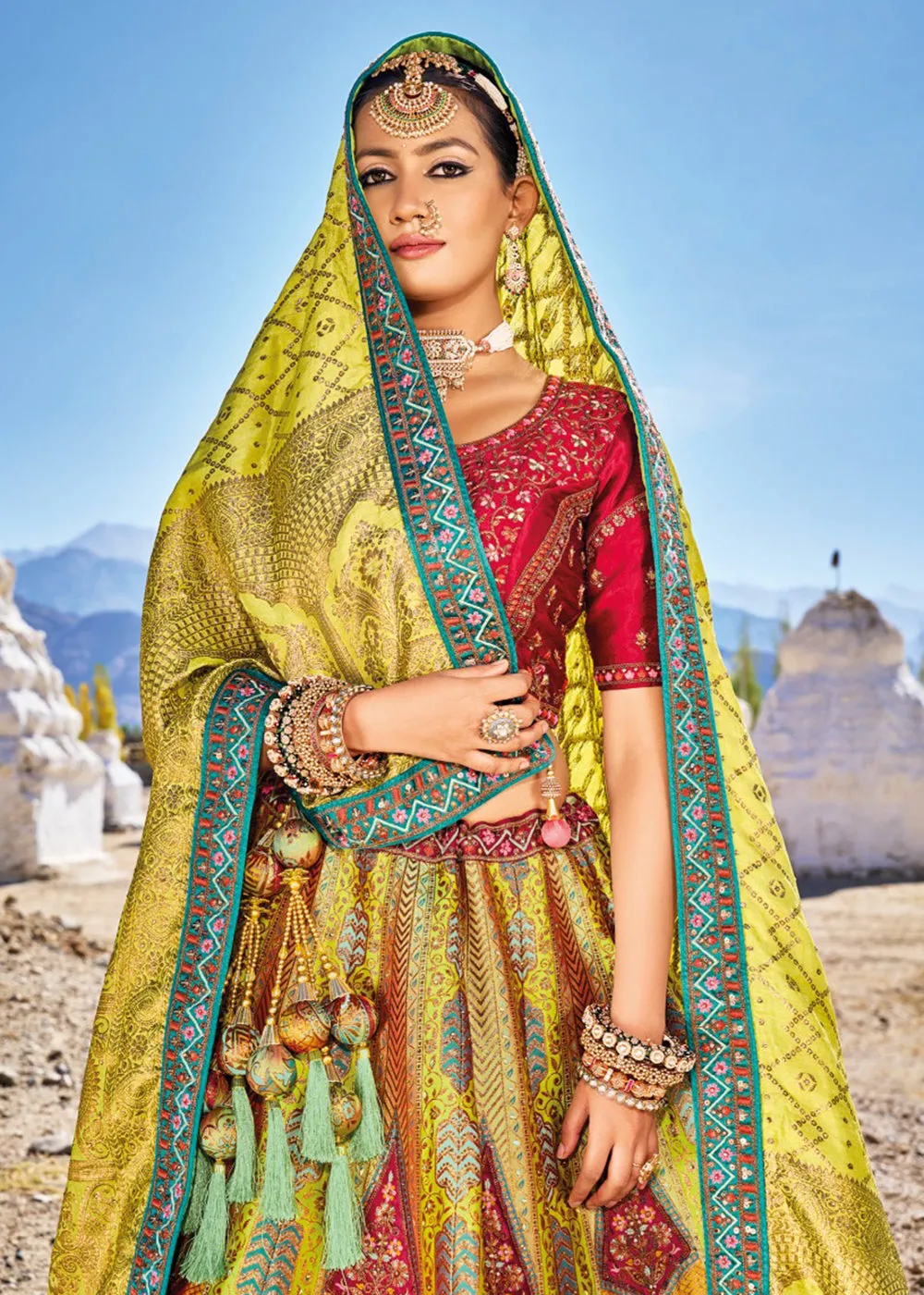 Traditional Green Banarasi Silk Embroidered Bridal Lehenga Choli