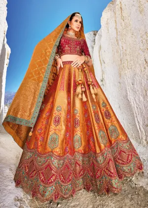 Traditional Orange Banarasi Silk Embroidered Bridal Lehenga Choli