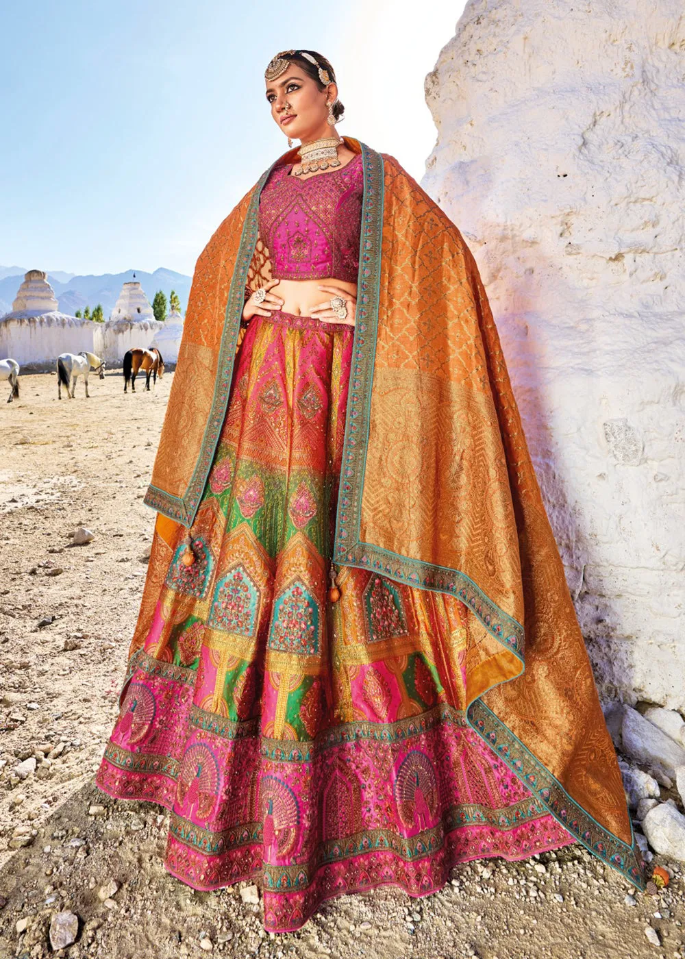 Traditional Pink & Orange Banarasi Silk Embroidered Bridal Lehenga Choli