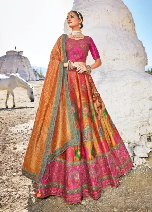 Traditional Pink & Orange Banarasi Silk Embroidered Bridal Lehenga Choli