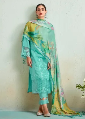 Turquoise Blue Pure Muslin Resham Embroidered Salwar Suit