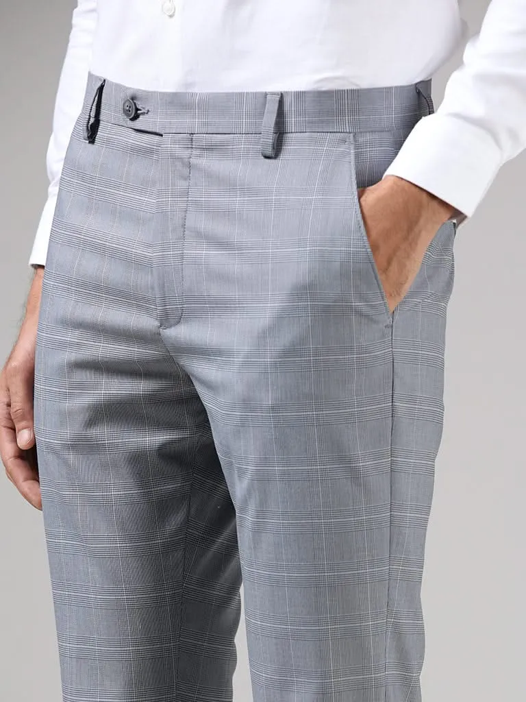 WES Formals Grey Glen Plaid Checked Slim-Fit Mid-Rise Trousers