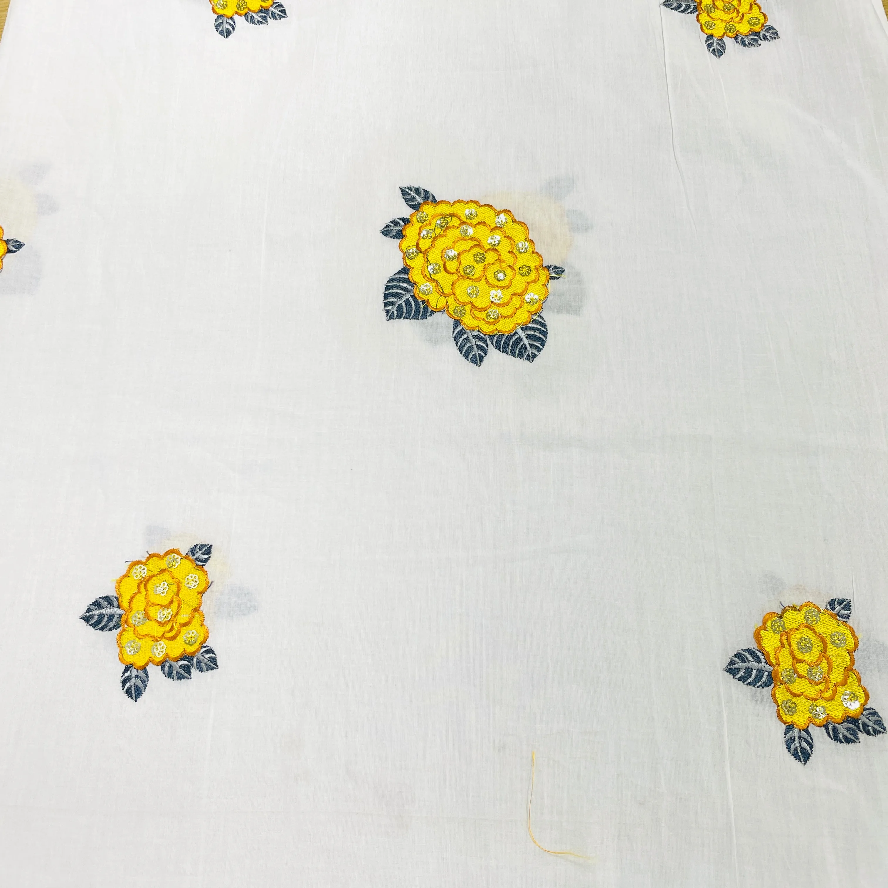 White Yellow Floral Sequins Embroidery Cotton Fabric