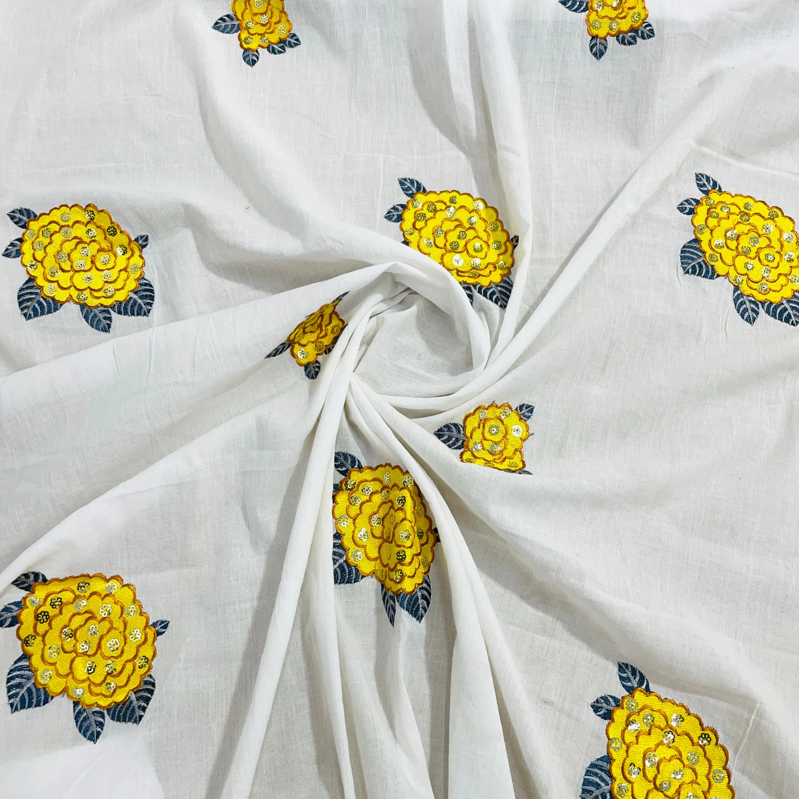 White Yellow Floral Sequins Embroidery Cotton Fabric