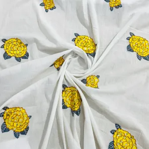 White Yellow Floral Sequins Embroidery Cotton Fabric