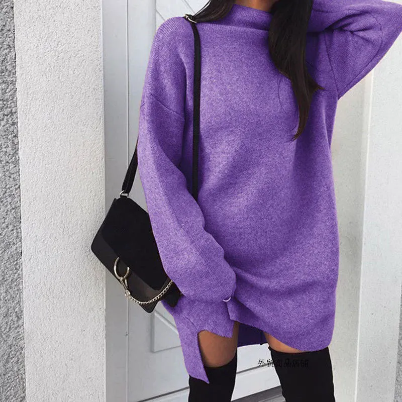 Women Winter Knitted Dress Loose Turtleneck Long Blouse