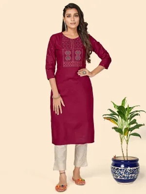 Women'S Dark Pink Embroidered Kurta- (1Pc Set)