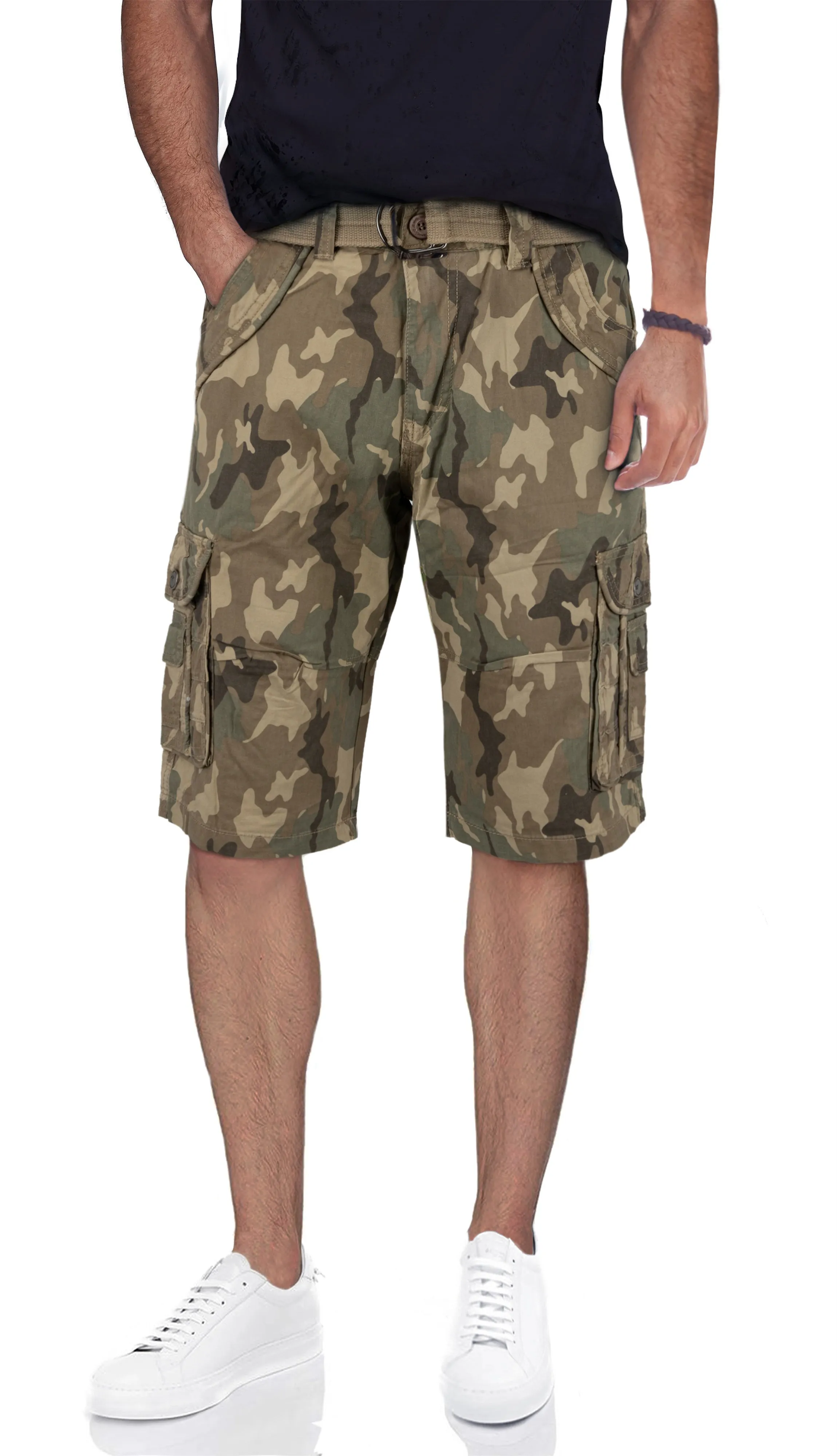 X RAY Men's Belted Twill Tape 12.5" Inseam Knee Length Cargo Shorts