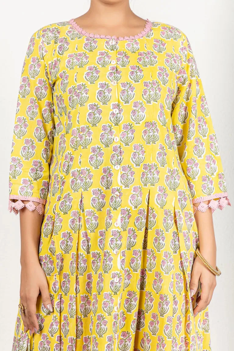 Yellow & Pink Hand Block Printed Kurta