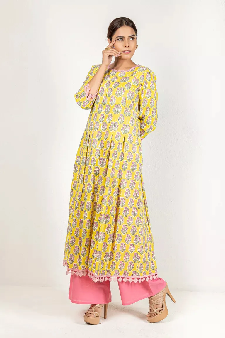 Yellow & Pink Hand Block Printed Kurta