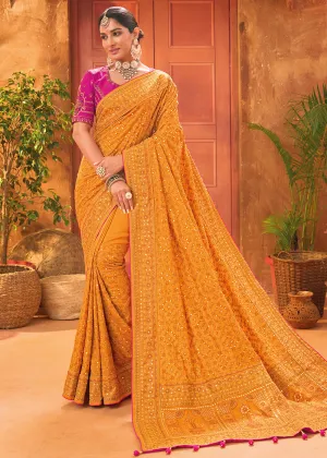 Yellow Hand Work Embroidered Traditional Banarasi Silk Saree